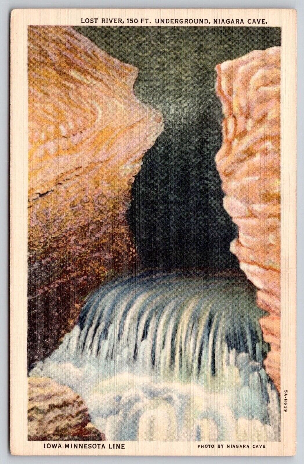 Lost River Underground Niagara Cave Iowa Minnesota Line Waterfall Linen Postcard