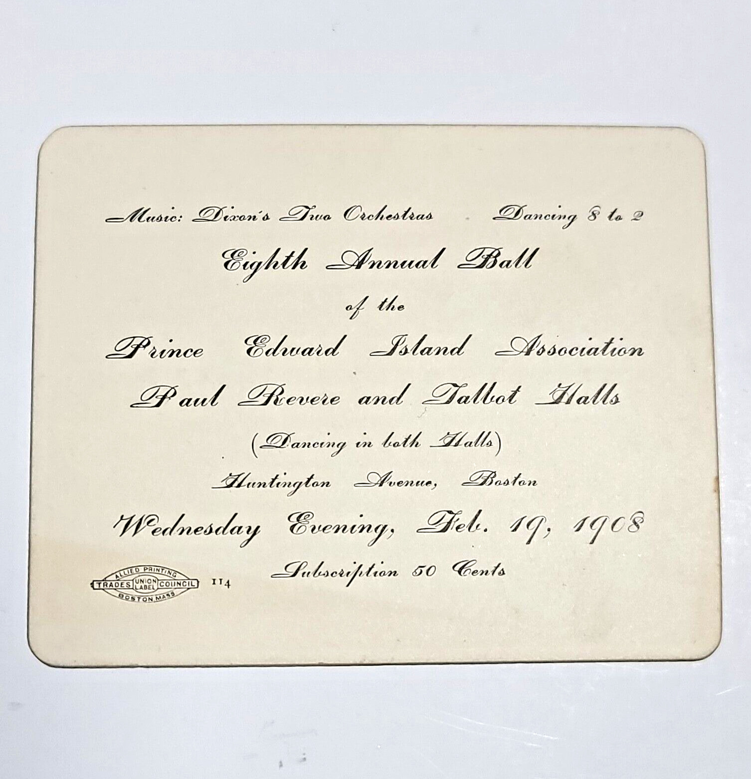 1908 Prince Edward Island Association Invitation Eighth Annual Ball Antique