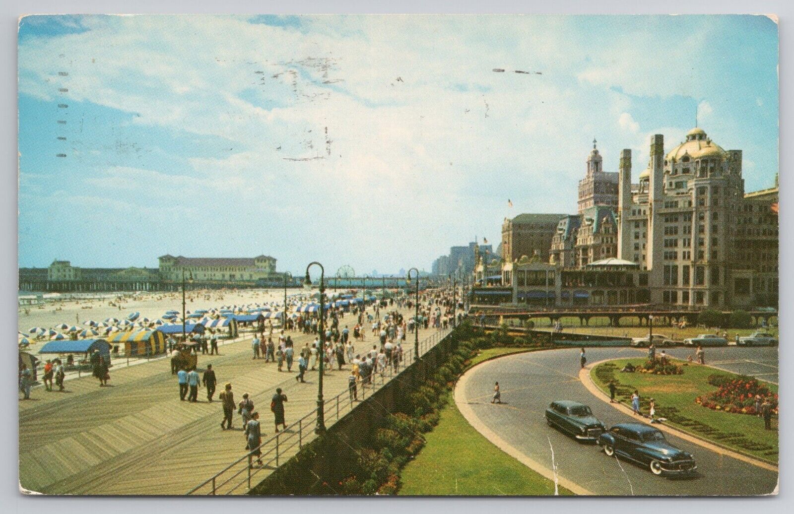 1957 Postcard View Over The Beautiful Boardwalk Atlantic City NJ Cars