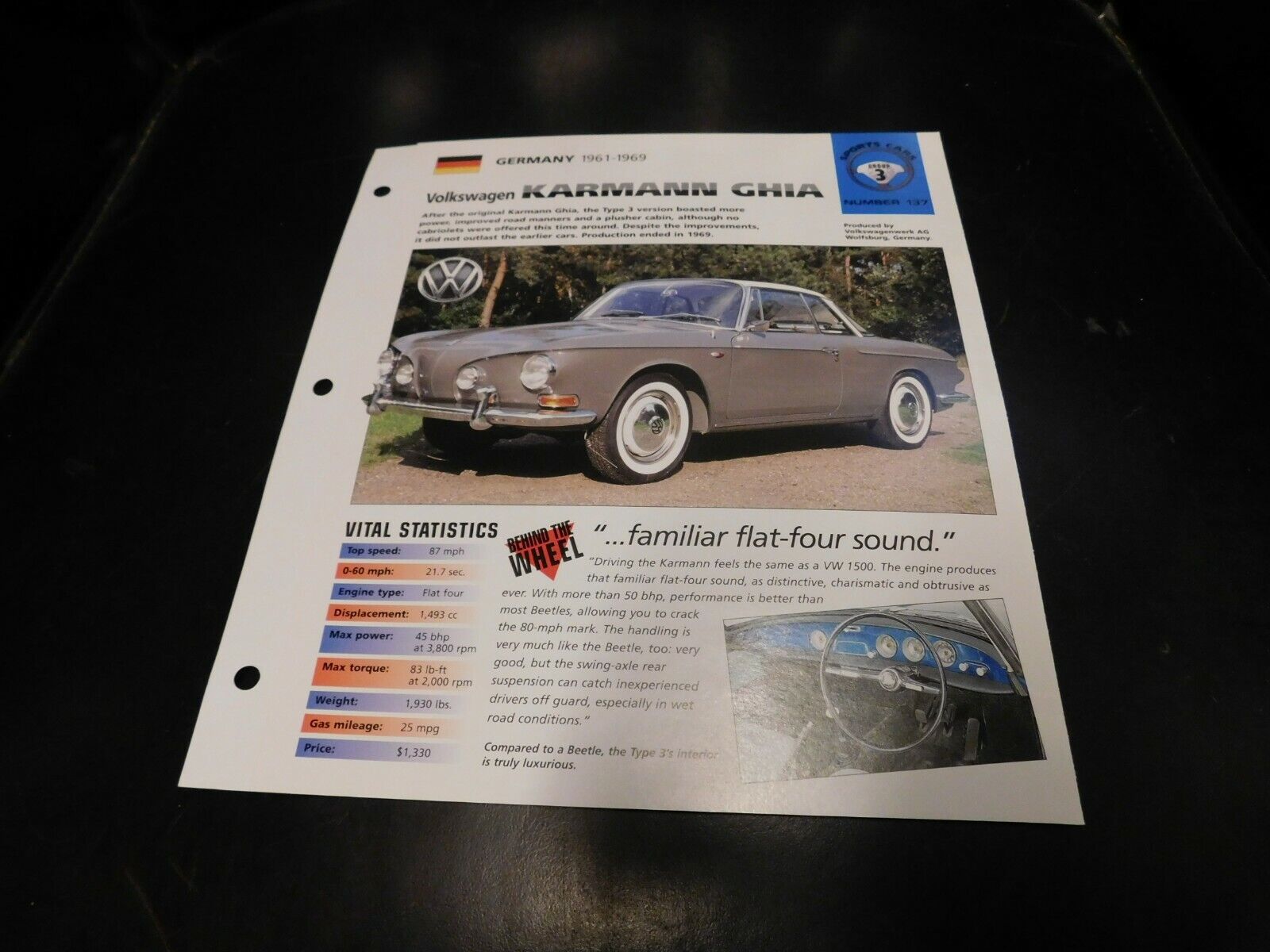 1961-1969 Volkswagen VW Karmann Ghia Spec Sheet Brochure Photo Poster 62 63 64