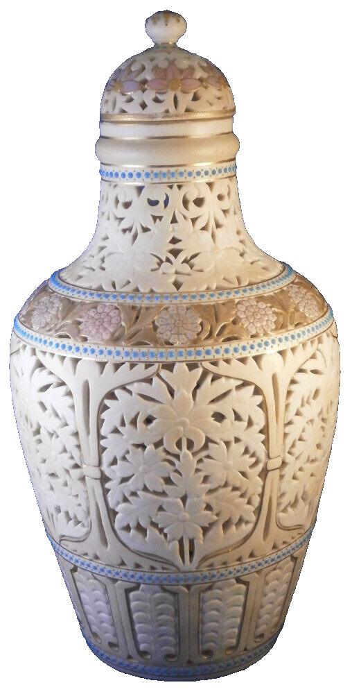 Antique 19thC Large Worcester Grainger Porcelain Reticulated Vase Porzellan