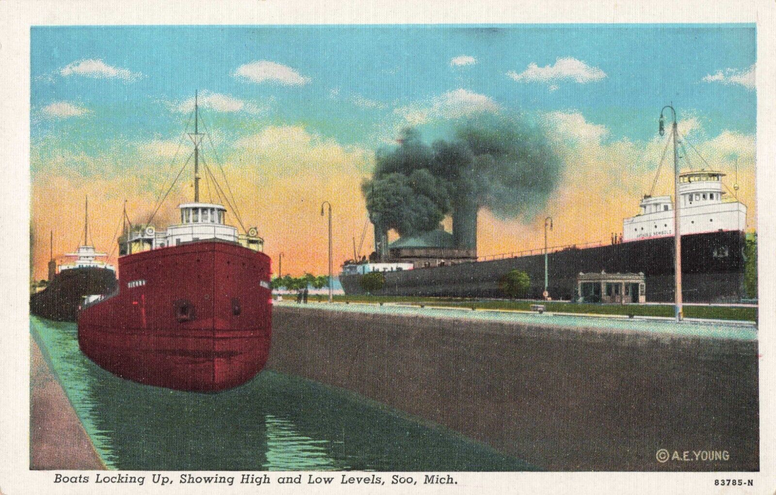 Sault Ste Marie MI Michigan, Ships Locking Up, High Low Levels, Vintage Postcard