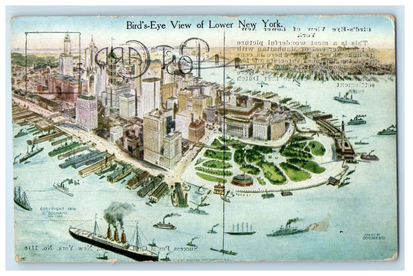 1919 Steamships, Bird\'s Eye View of Lower New York NY Posted Antique Postcard