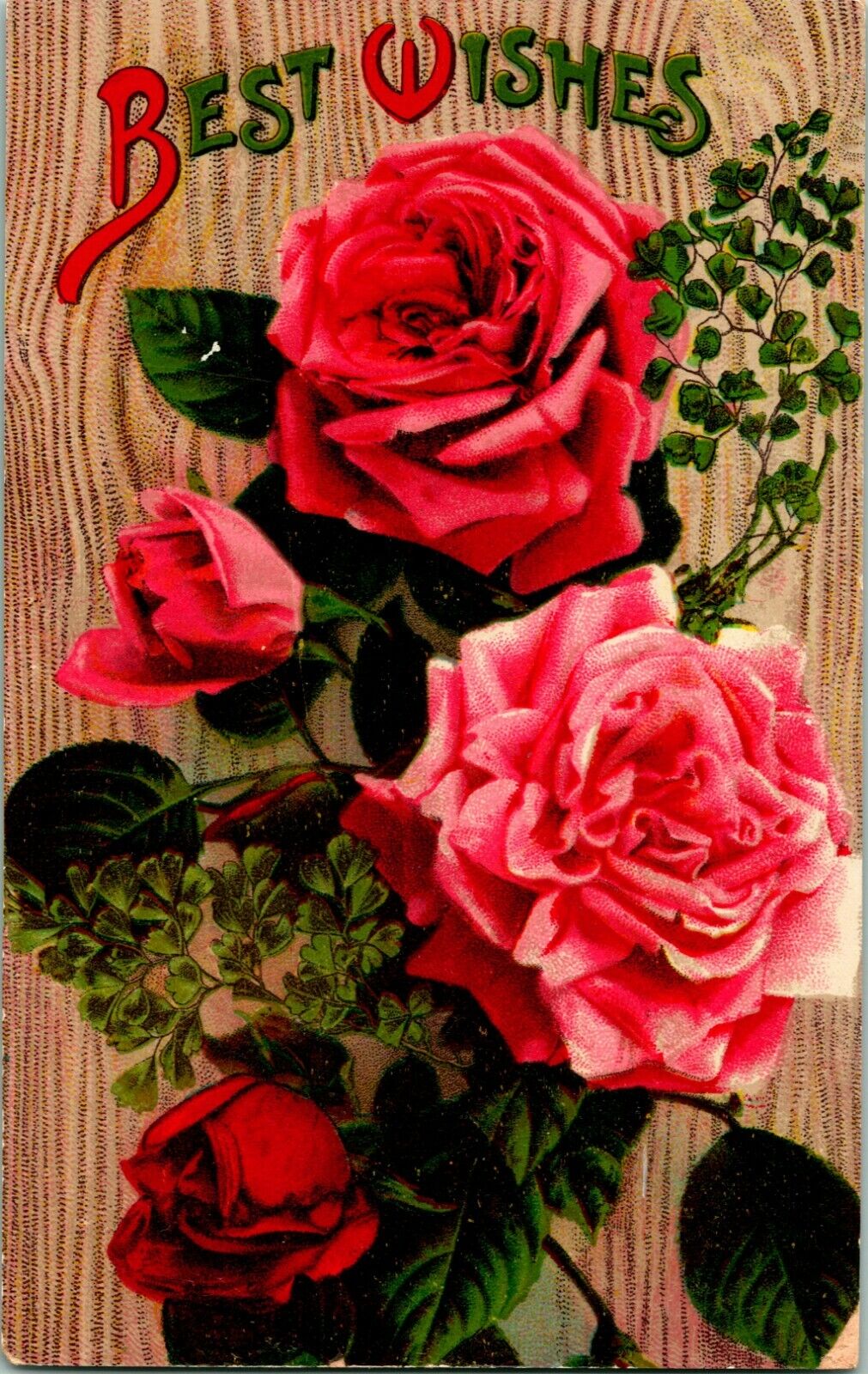 Vtg Postcard 1910s Floral Greetings Unused Red Pink Roses Best Wishes UNP