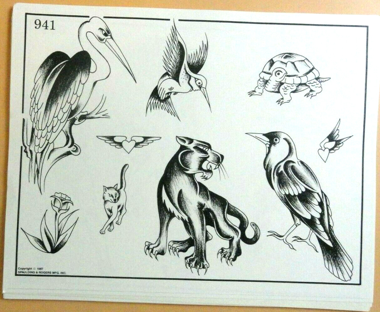 Vintage RARE 1987 Spaulding & Rogers Tattoo Flash Sheet #941 Panther Rose Birds