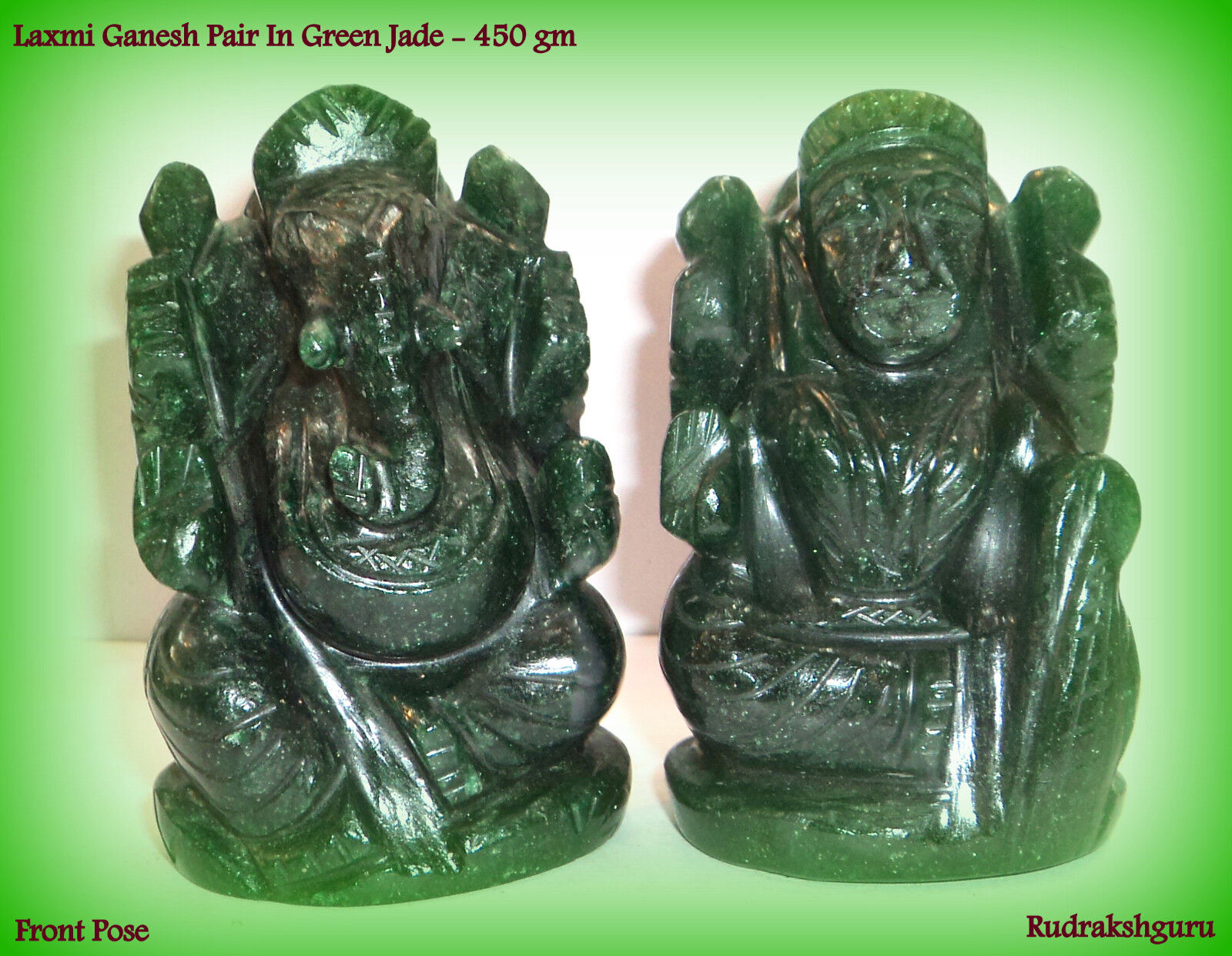 Divine Pair of Laxmi Ganesha Idols In Natural Green Jade - 450 gms