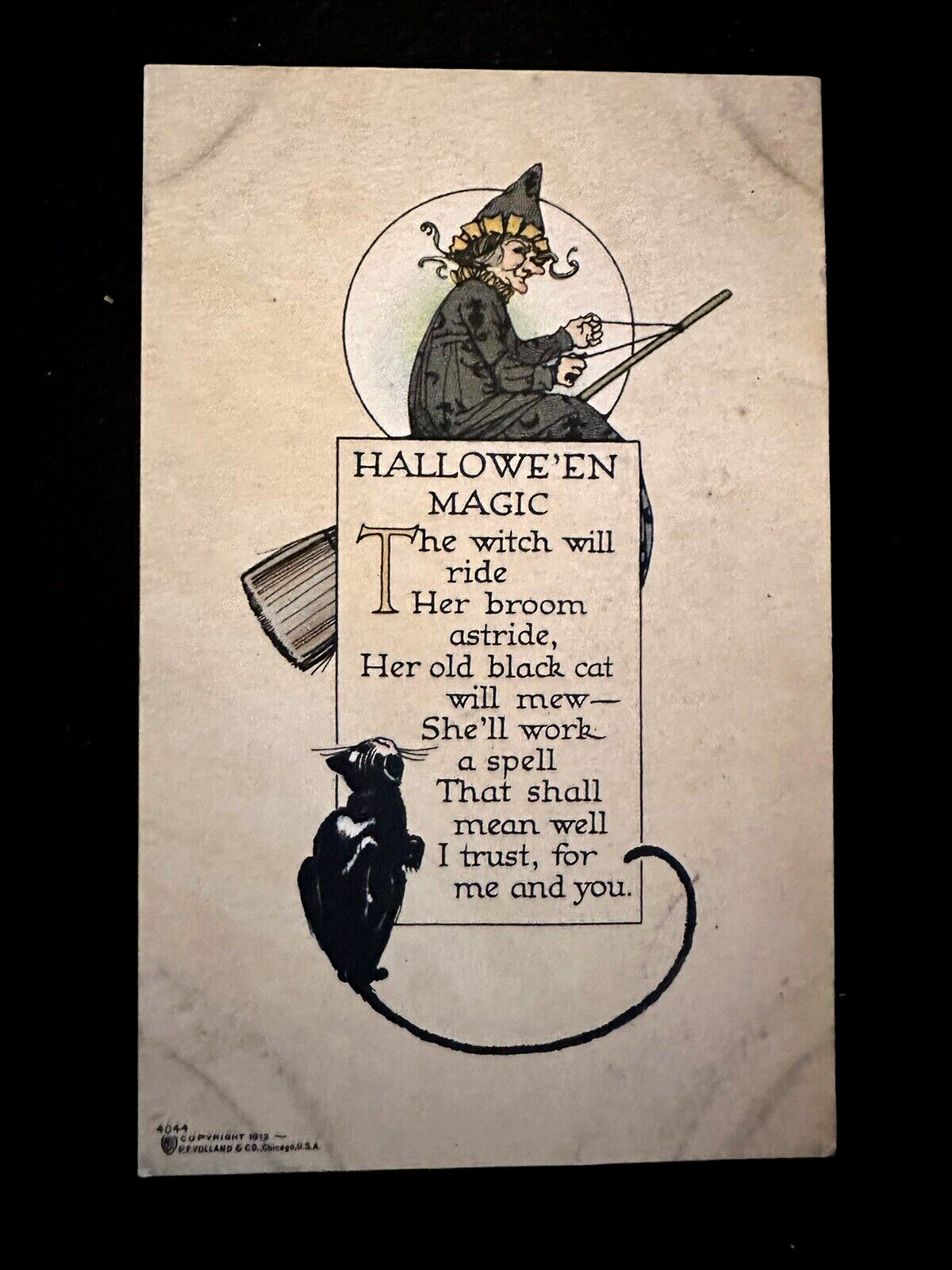 Rare~P.F. Volland~Antique Halloween Arts Crafts~Postcard~Witch~Broom Cat~k732