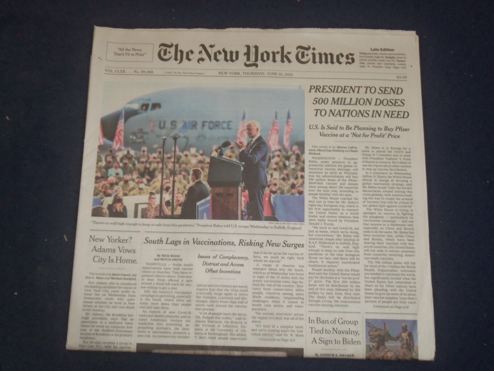 2021 JUNE 10 NEW YORK TIMES -PRESIDENT TO SEND 500 MIL. DOSES TO NATIONS IN NEED