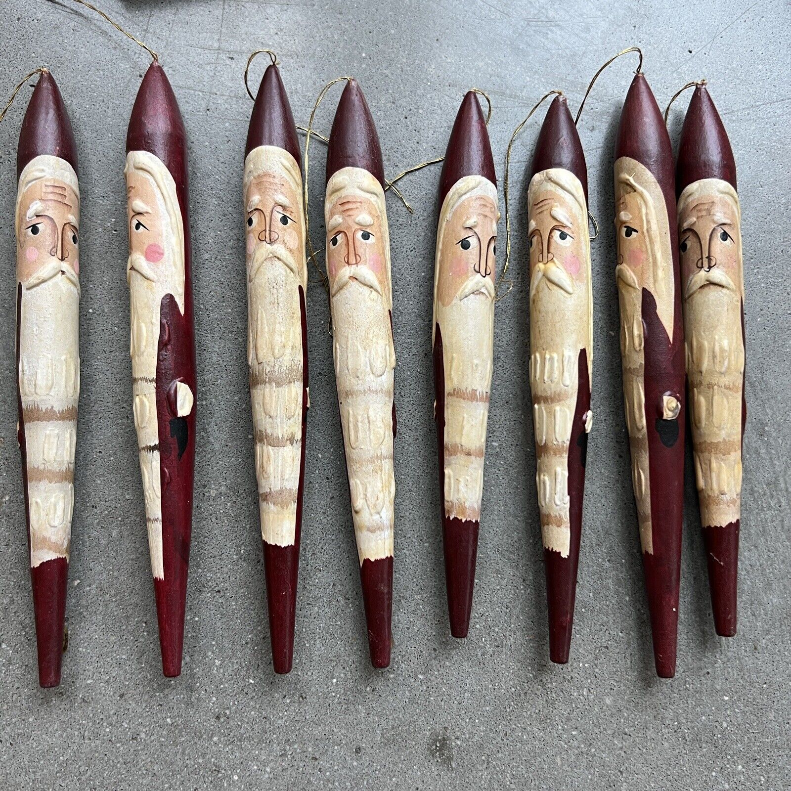NIB new 8 Vintage Hand Painted Wooden Santa Icicle Stick Christmas Ornaments