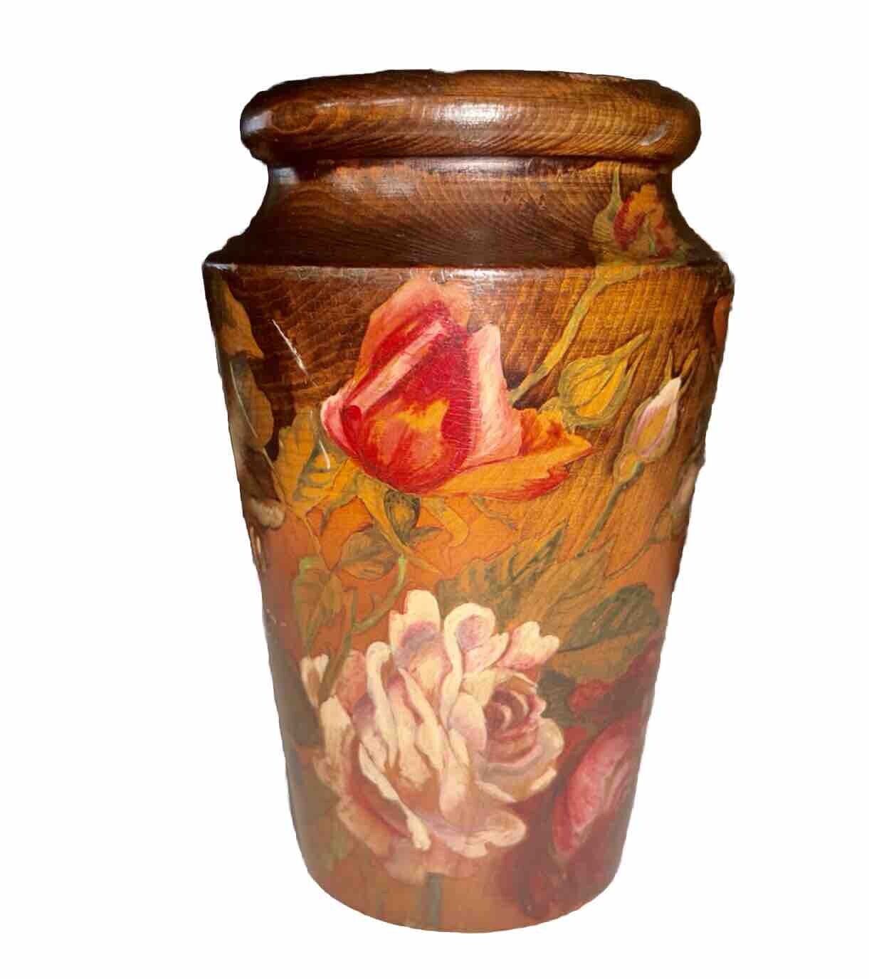 Antique Australian Timber Hand Painted Vase 16cm Pink & Red Wild Roses