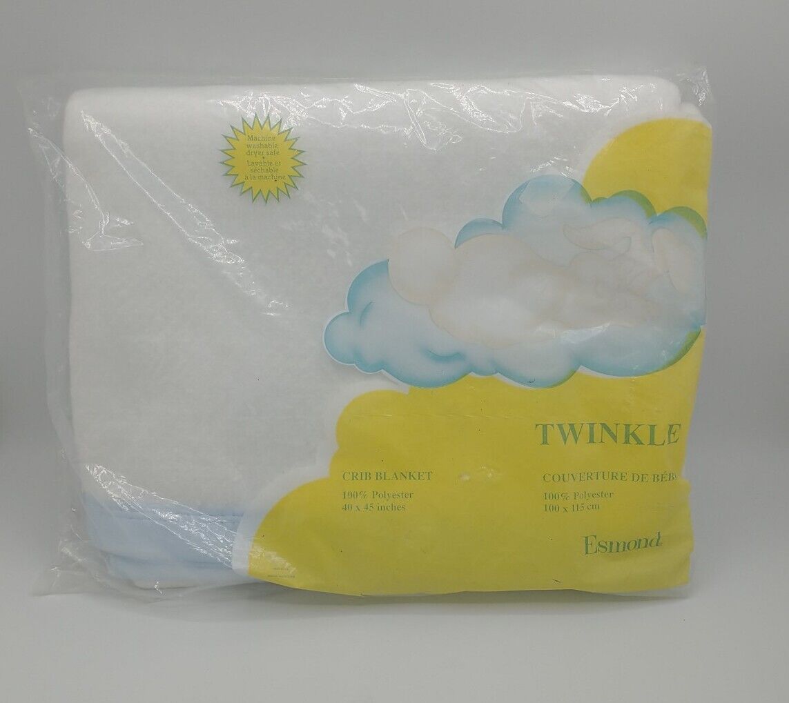 Vintage Esmond Twinkle White Baby Crib Blanket Blue Satin Trim NOS
