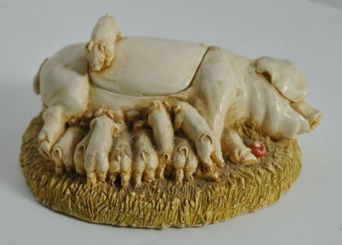 S.I.A.B.  England Piglet Sow Nursing Resin Trinket Box Ivory Color 