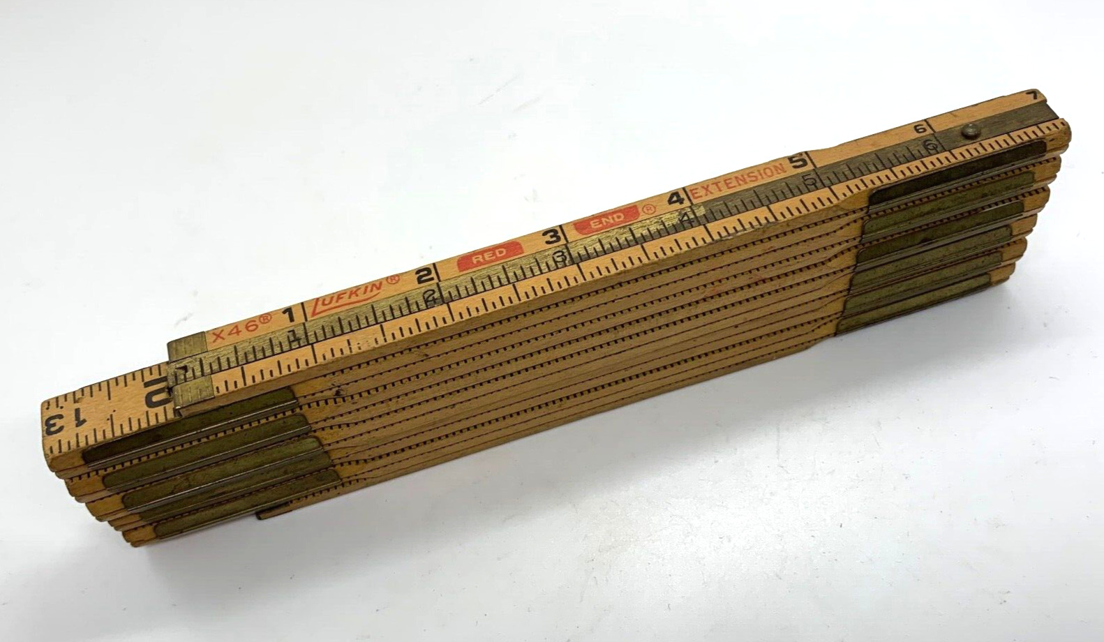 VTG Lufkin USA Red End 6 Two Way Folding Ruler Extension Lock Joint Wooden Brass