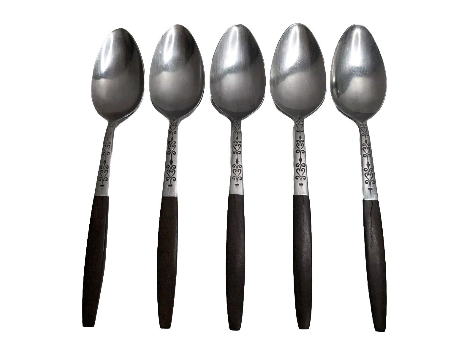 VTG INTERPUR Stainless Steel Brown Wood Handle TEASPOON Spoons Flatware Lot of 5