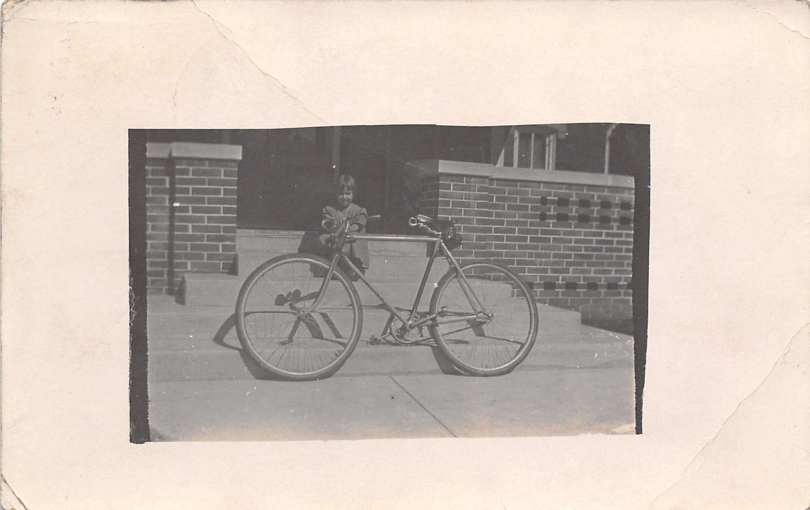 Toledo Iowa Postmark~Bicycle on Front Steps~Lil Girl on Porch~Big Bike~1910 RPPC