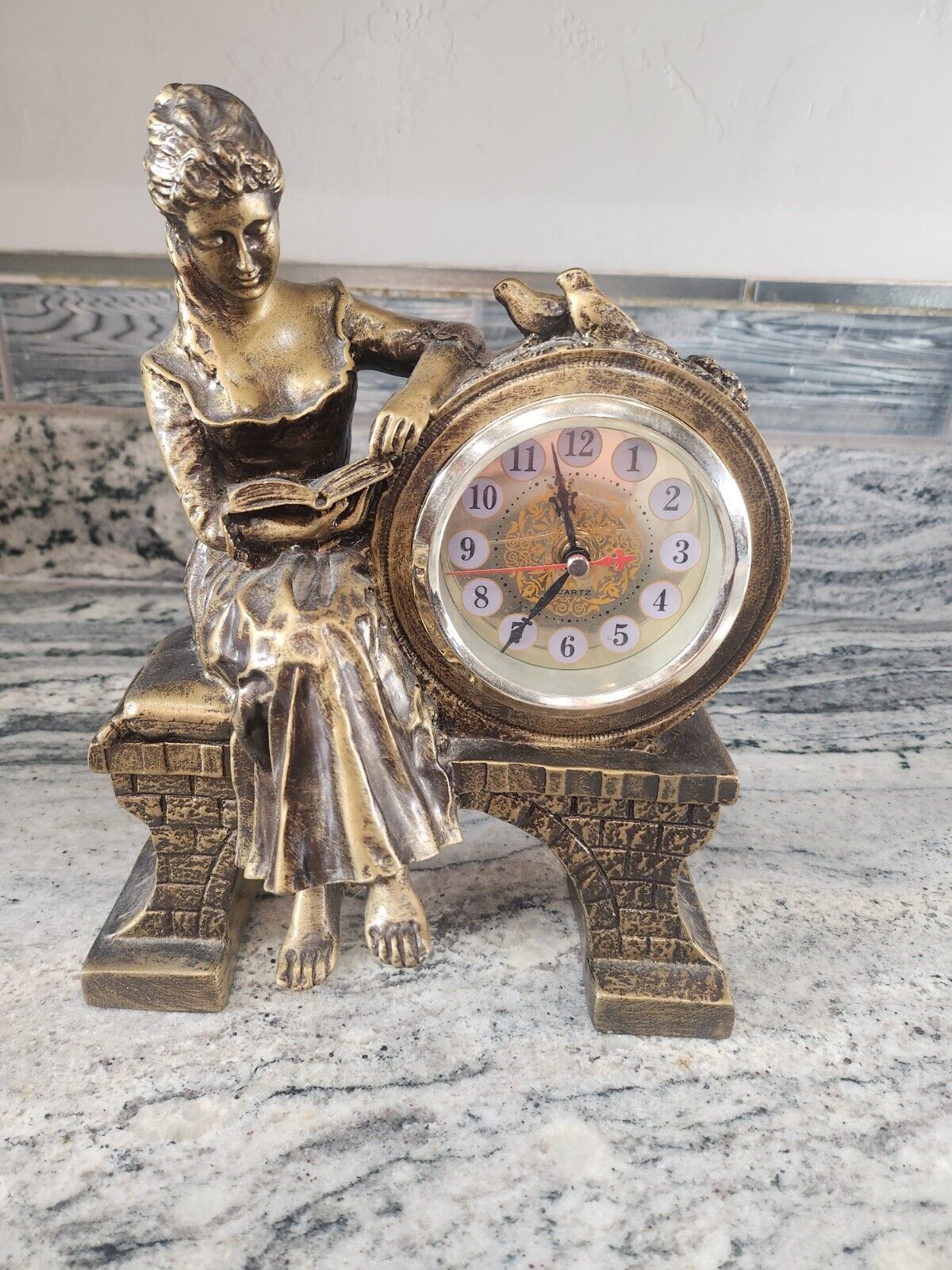 European Vintage Style Table Ornate Style Brass Solid Lady Reading Book Clock