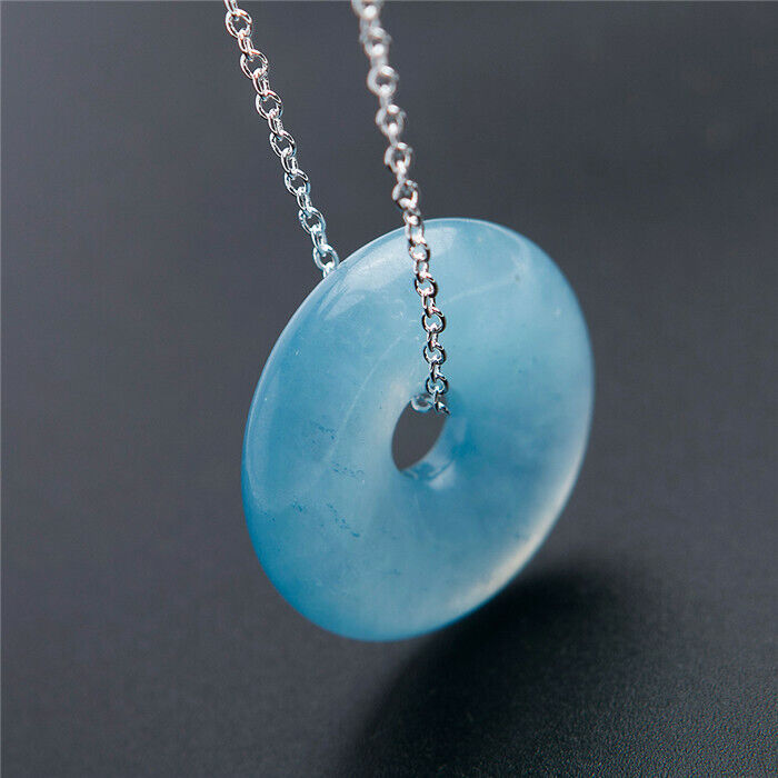 Genuine Blue Natural Aquamarine Gems Stone Round Crystal Bead Necklace Pendant 