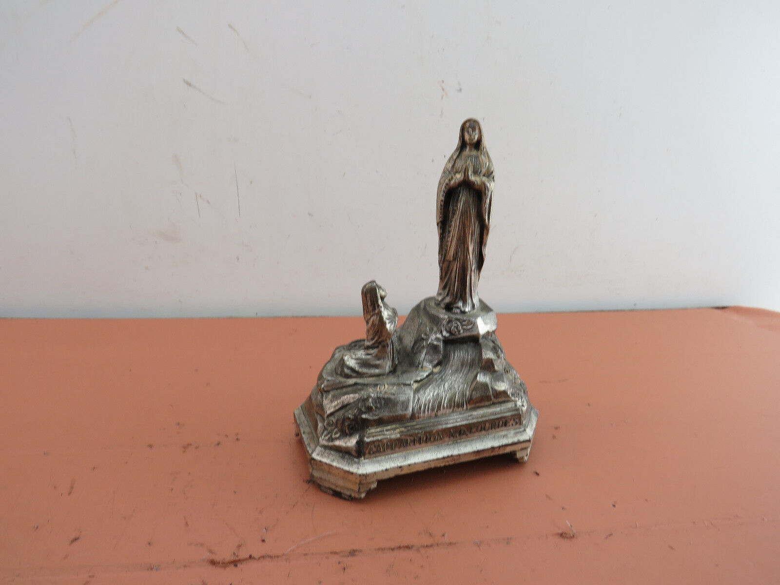 Vintage French Our Lady of Lourdes Mary Religious Music Box Metal Statue