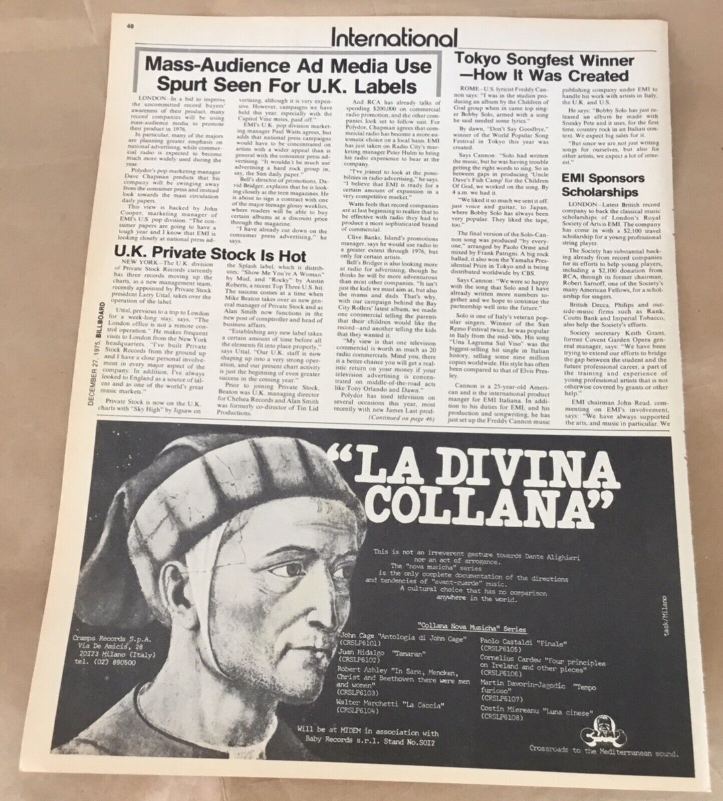 Cramps Records print ad 1975 vintge 70s promo avant garde John Cage Nova Musicha