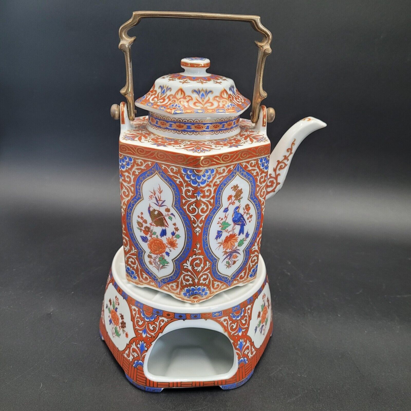 Beautiful Rare Kaiser Ming Lidded Brass Handle Teapot w/Warming Base W. Germany