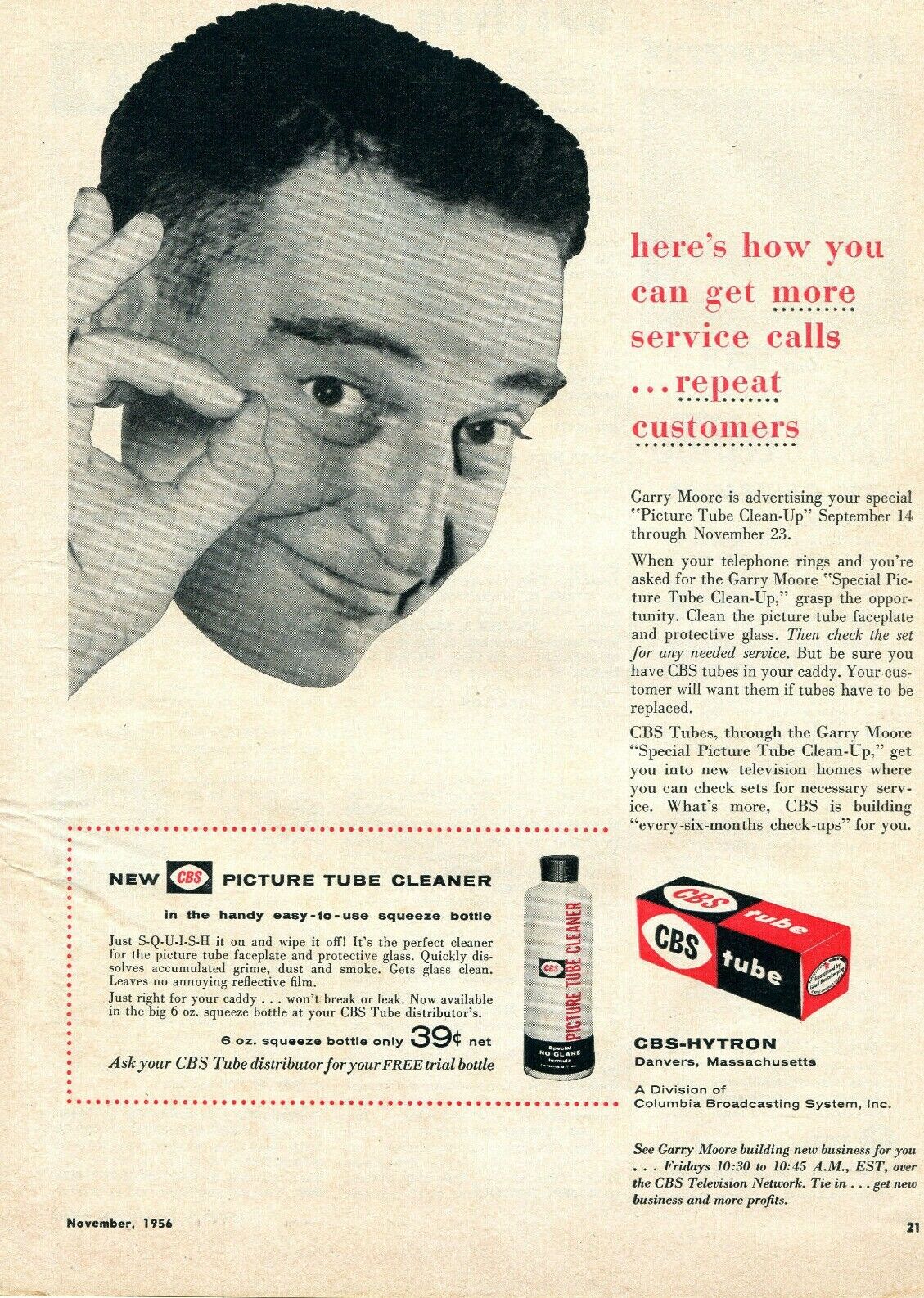 1956 Print Ad of CBS Columbia Broadcasting System Camera Tubes with Garry Moore
