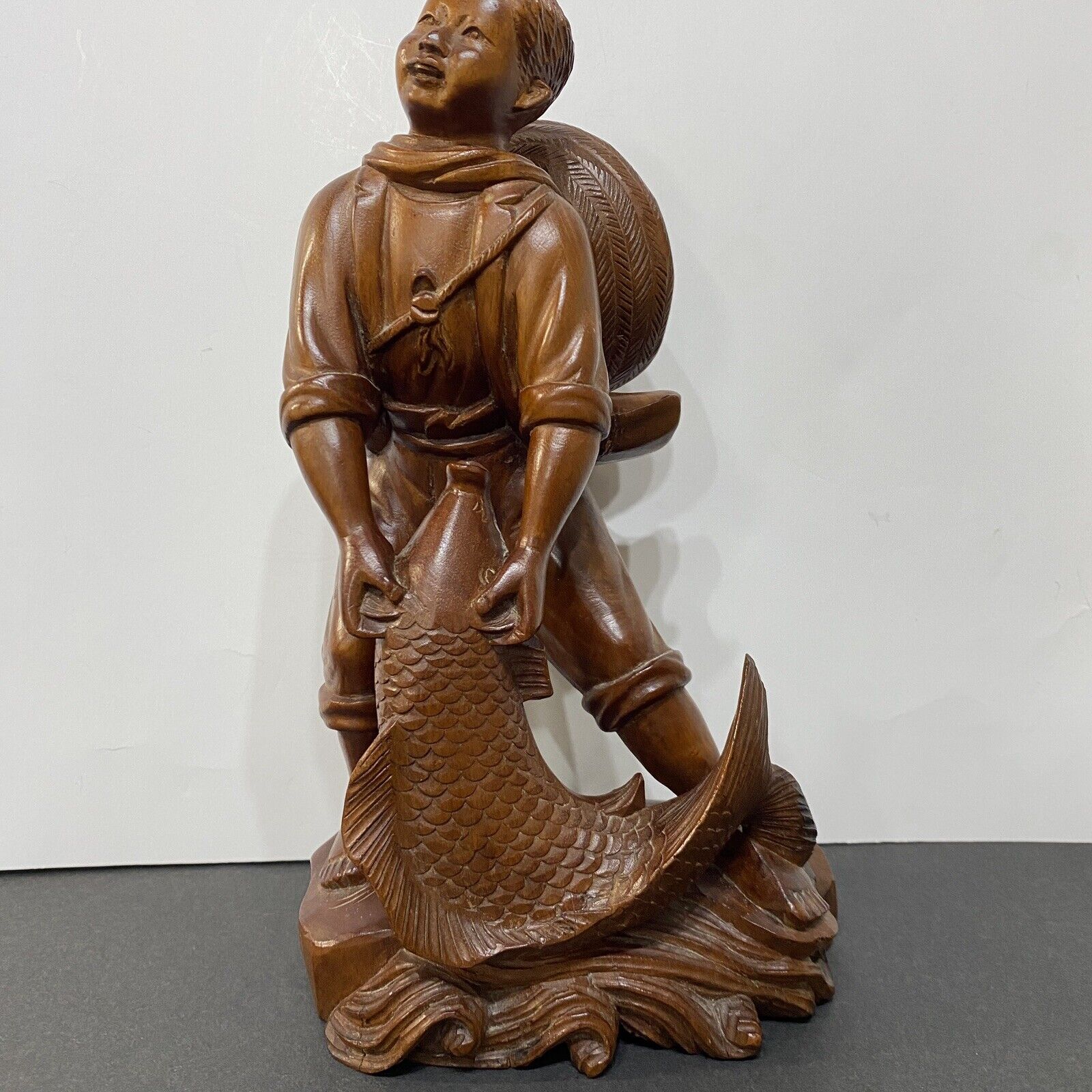 Vintage Japanese Oriental Carved Wood BOY with Fish figurine Fisherman 