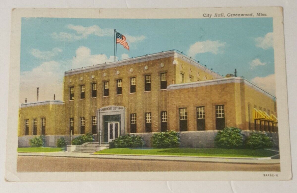 Vintage MISSISSIPPI postcard City Hall Building GREENWOOD  MS 1930s 
