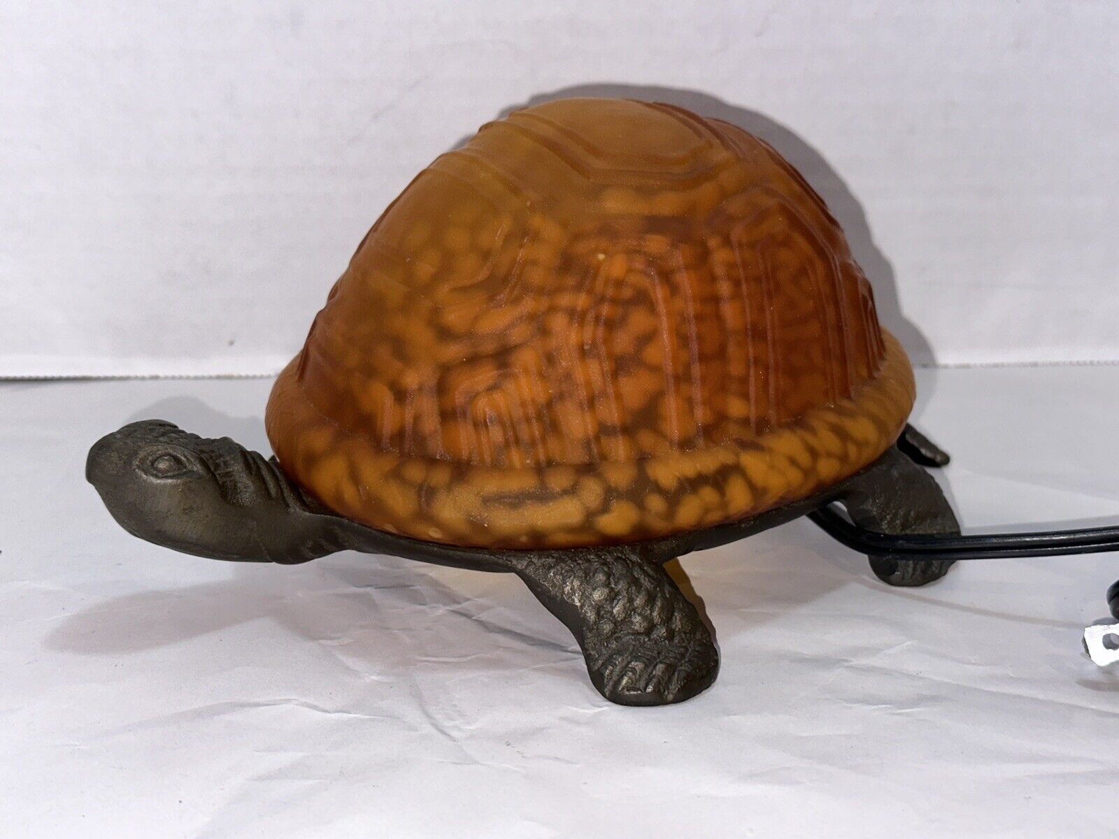 Vintage Turtle Tortoise Lamp Mold Blown Spotted Amber Glass Cast Iron Metal