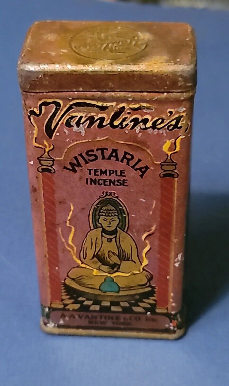 Antique VANLINE\'S WISTARIA TEMPLE INCENSE Tin Great Color Graphics Budha Dragon