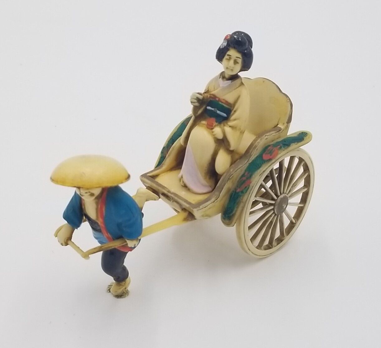 Vintage Asian Celluloid Man Pulling Geisha in Rickshaw Figurine