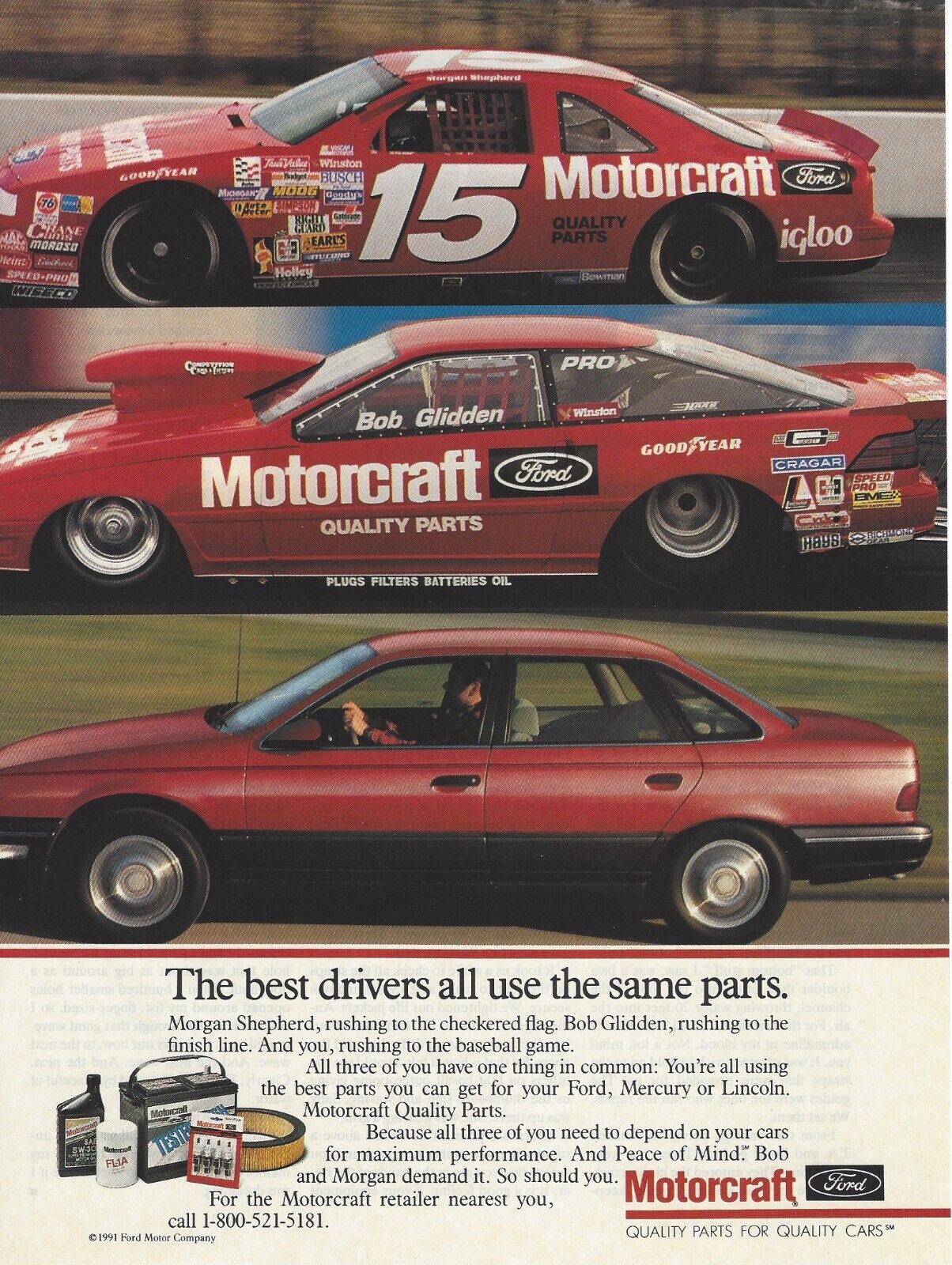 1991 Motorcraft Ford Bob Glidden Morgan Shepherd vintage Print Ad Advertisement