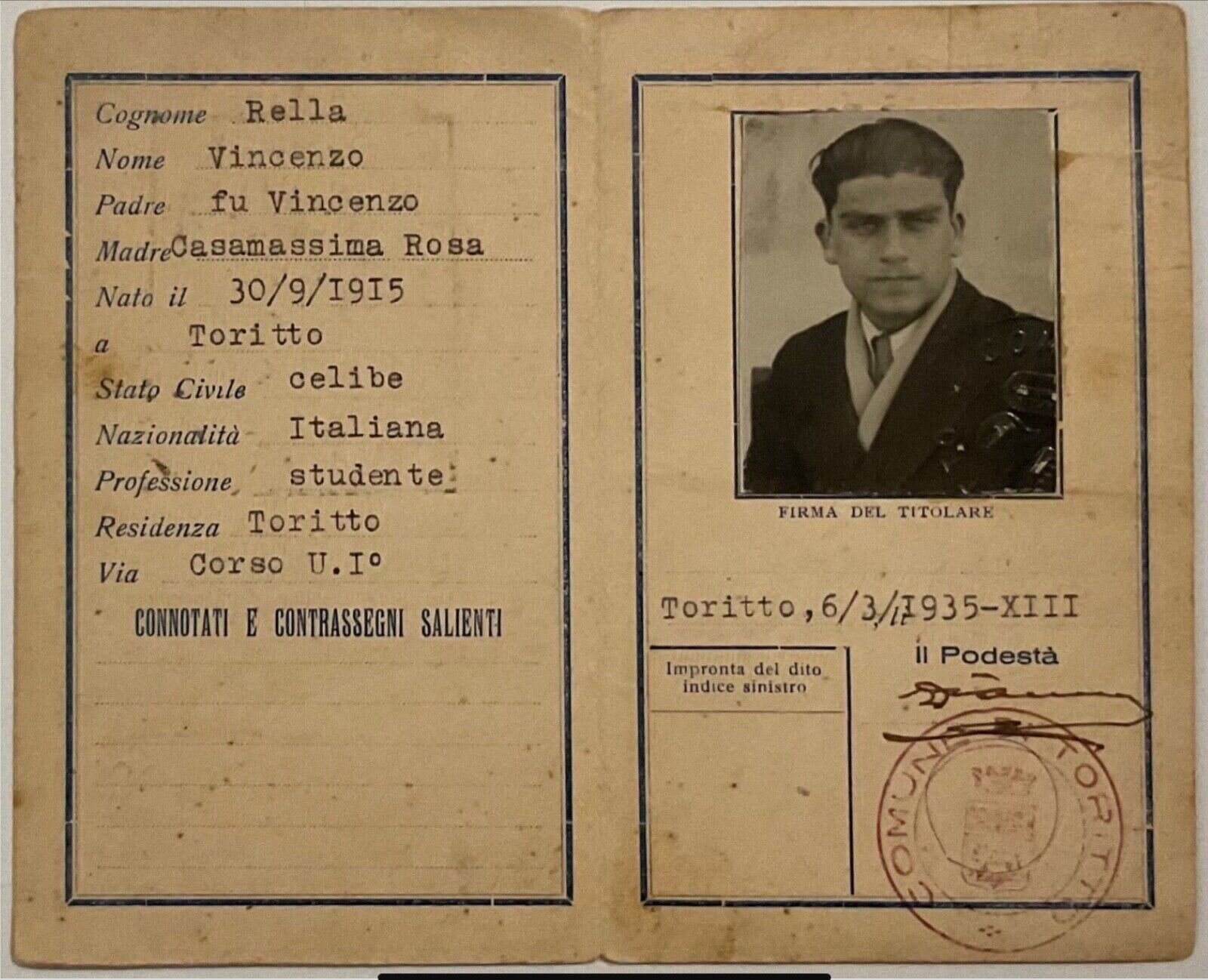 TORITTO BARI CARTA D’IDENTITÀ CON FOTOGRAFIA REGNO D’ITALIA 1935 A.XIII°