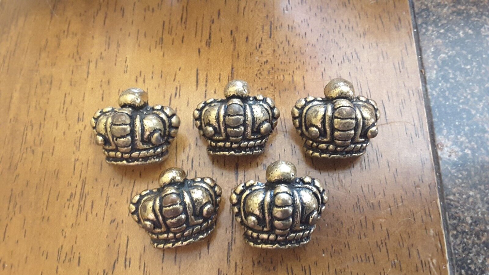 Vintage Chunky Crown Shaped Buttons, Realistic, Brass Metalized Plastic, Lot 5