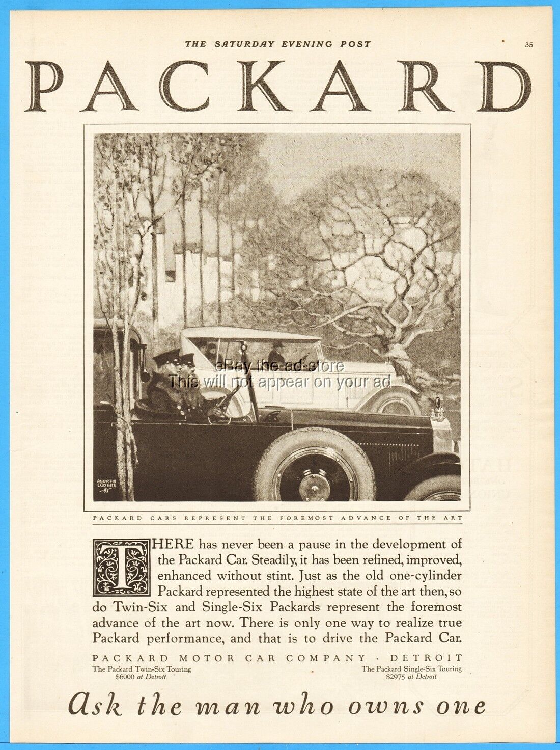 1921 Packard Motor Car Co Detroit MI Twin-Six Single Six Andrew Loomis Art Ad