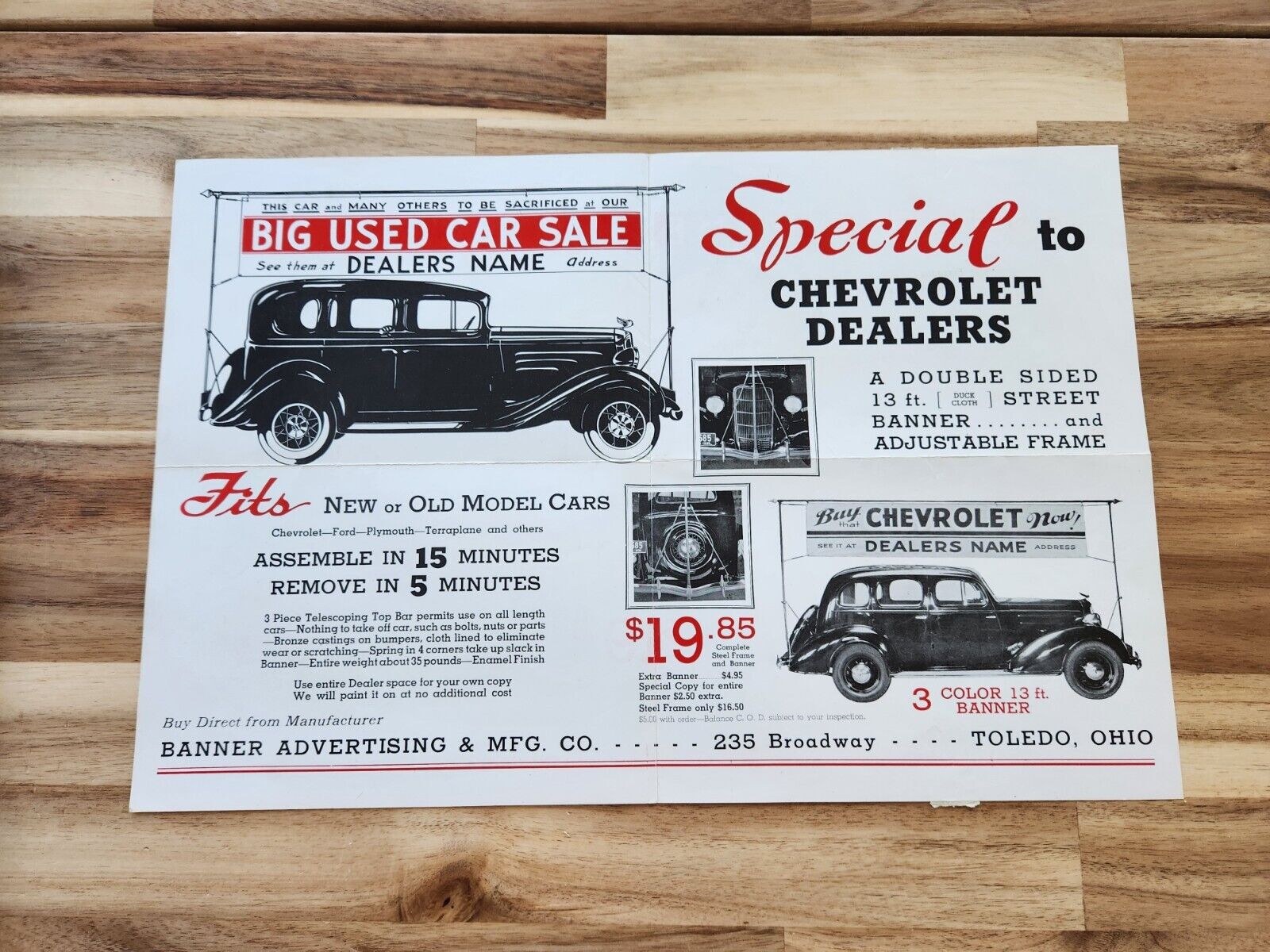 Original 1930s Chevrolet Special Flyer To Dealers, Banner Advertising For Cars