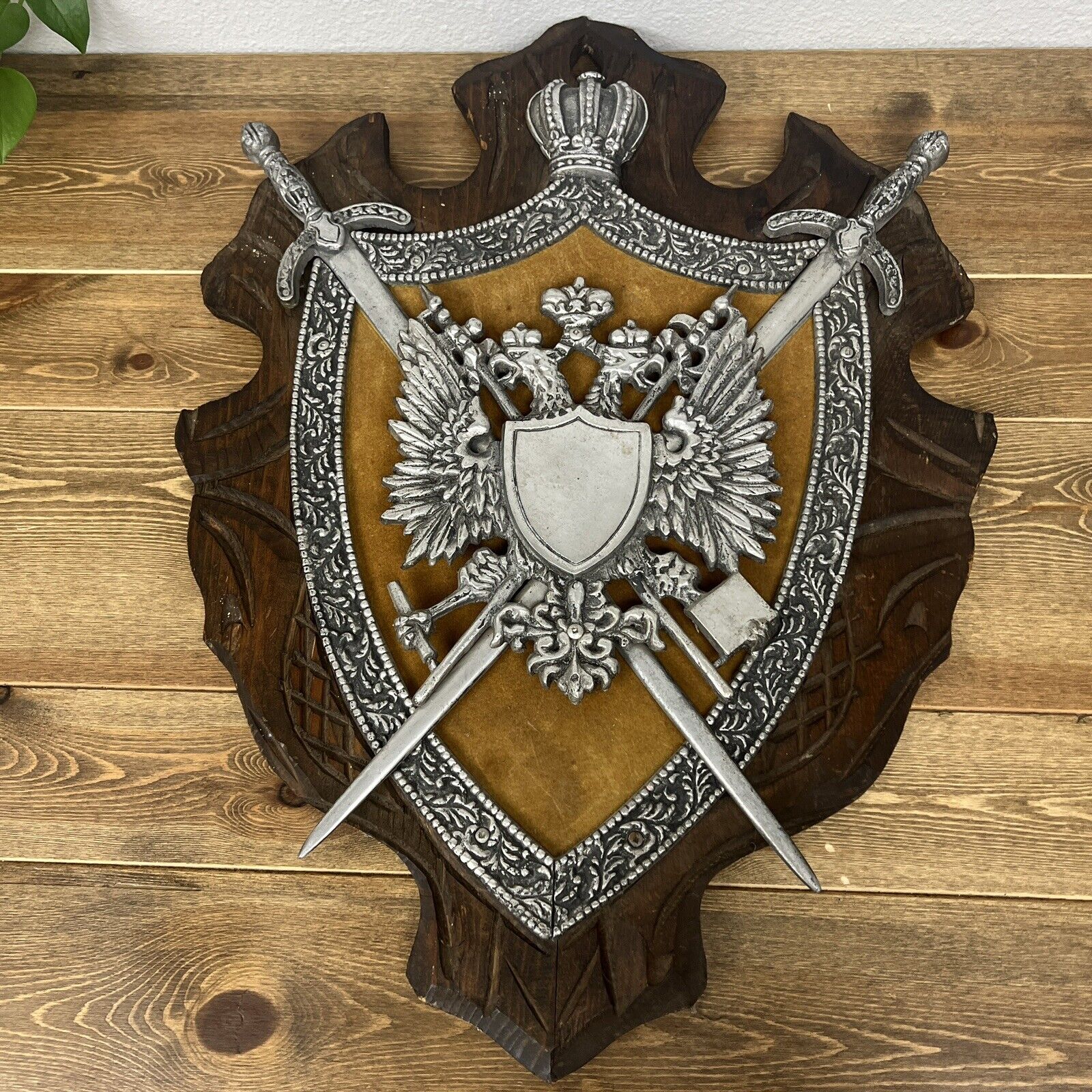 Vintage Gothic Medieval Cast Metal Double Eagle Crest Coat of Arms Shield Swords