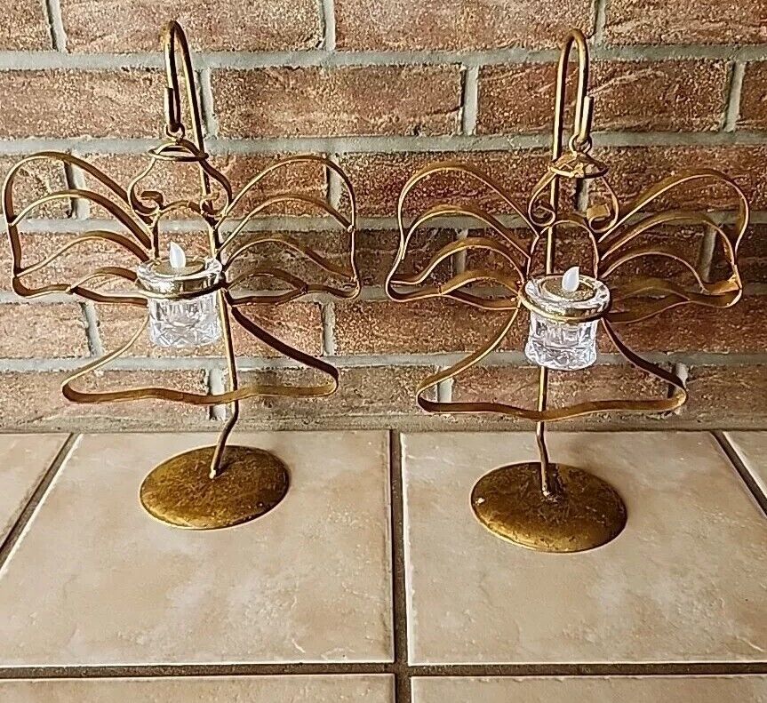 Pair Of Gold Metal Hanging Angels Holding Glass Tealight Candle Christmas Decor 