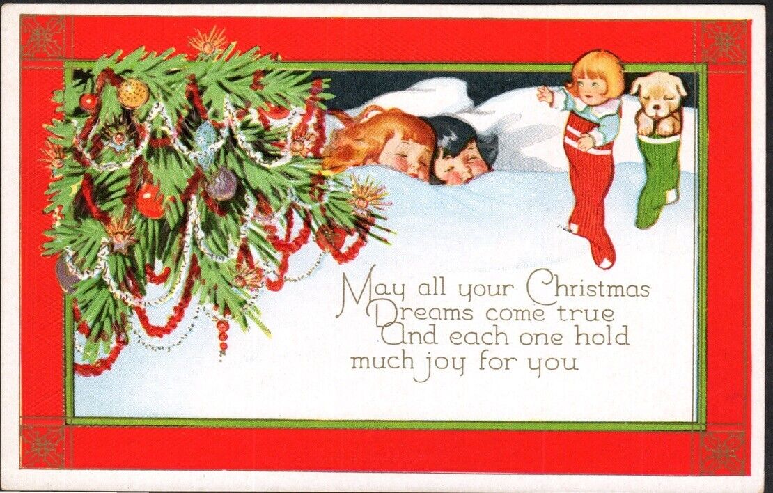 Postcard DB Embossed Tree Xmas Dreams Wishes Girls In Bed Unposted