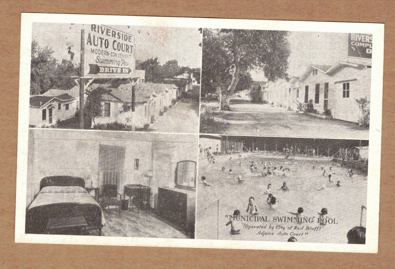 Vintage Riverside Auto Court, Municipal Swimming Pool Postcard, Red Bluff Cal.