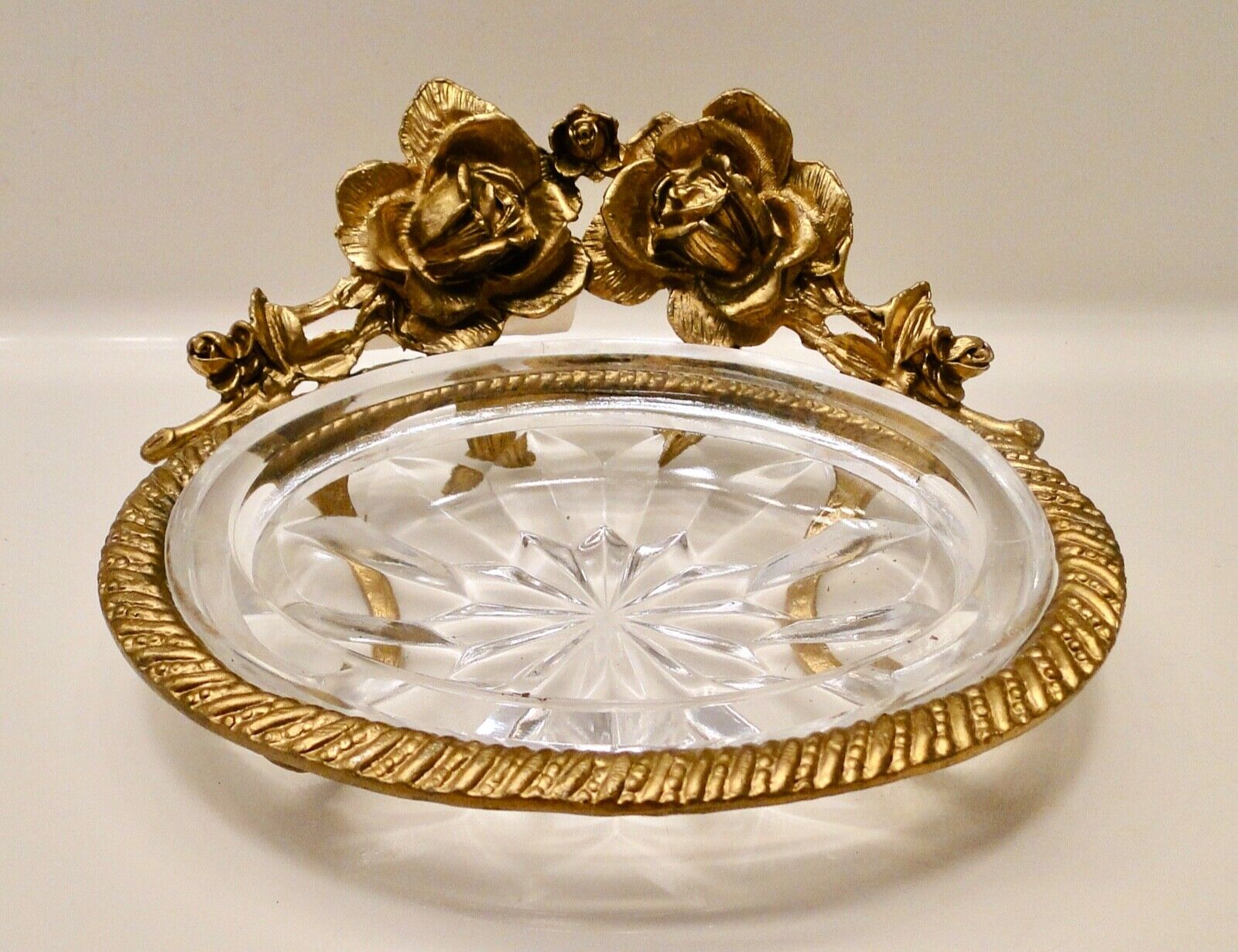 Vintage Trinket Soap Dish Matson Vanity Ormolu Gold & Glass Rose Leaf