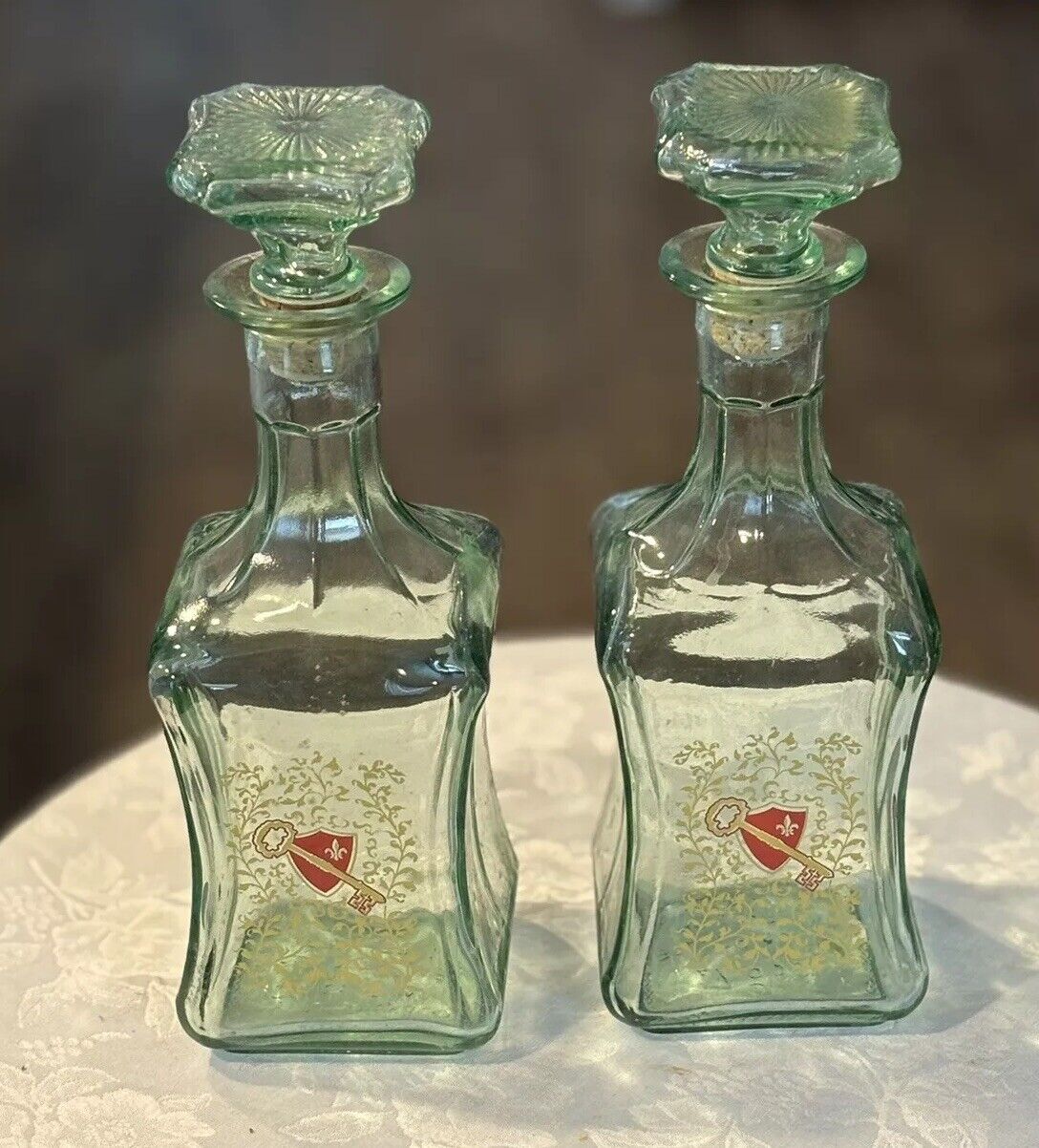 Old Fitzgerald Distillery Decanter Green Glass 1964 Original Stoppers Empty Used
