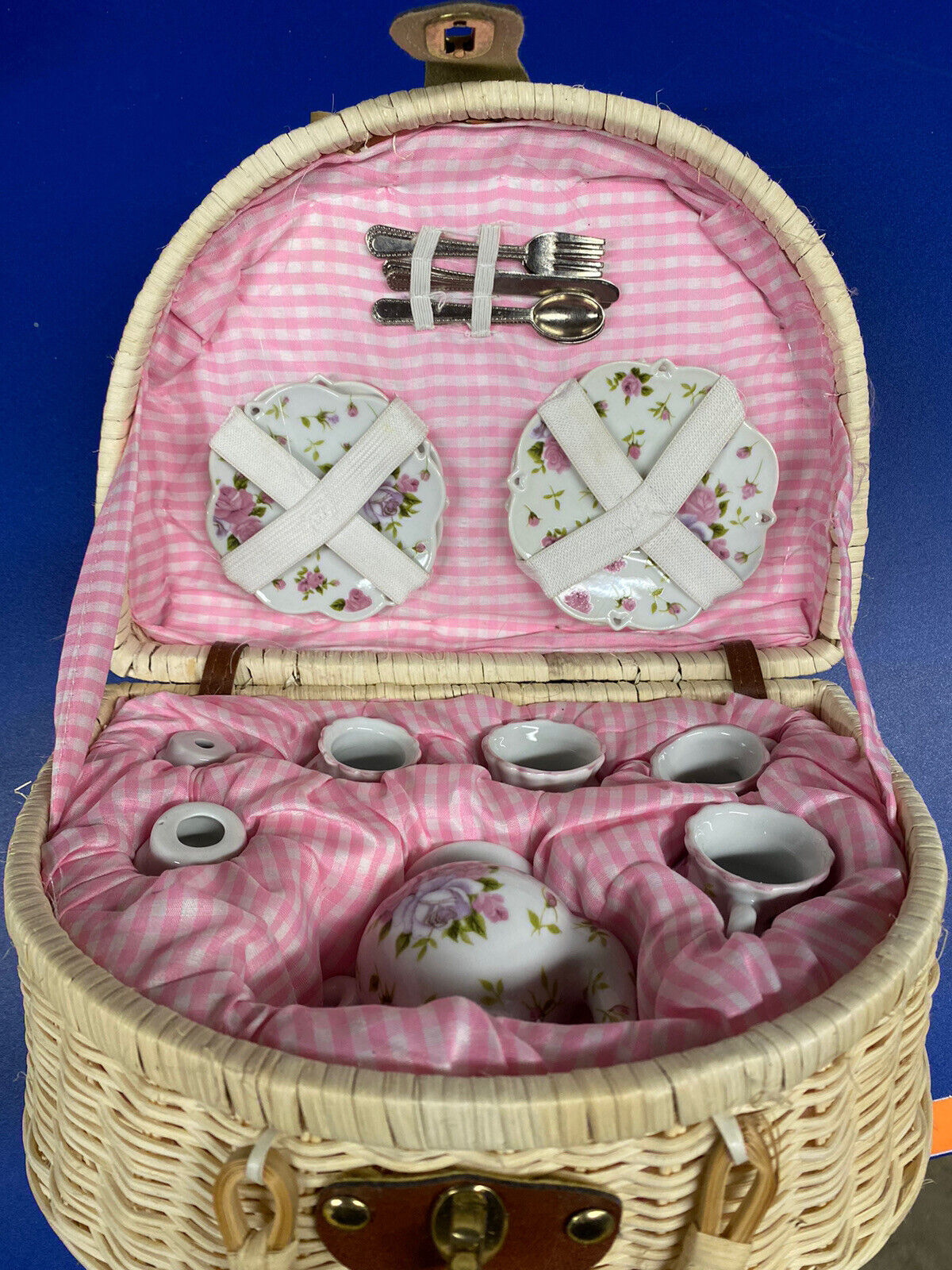 Delton Fine Porcelain Children\'s Miniature Wicker Picnic Basket w/Tea Set Teapot