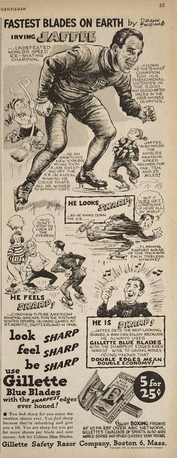1947 Print Ad Gillette Blue Razor Blades Irving Jaffe Fastest Skater Boston,MA
