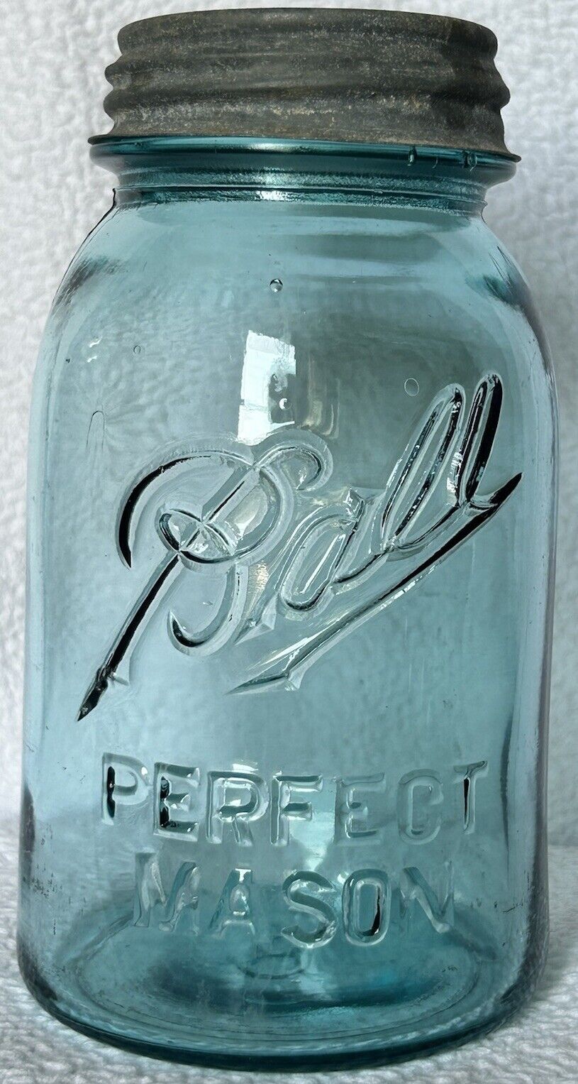 Ball Canning Jar Perfect Mason 1 Quart Aqua Blue Mold #8 Vintage 1910-1923