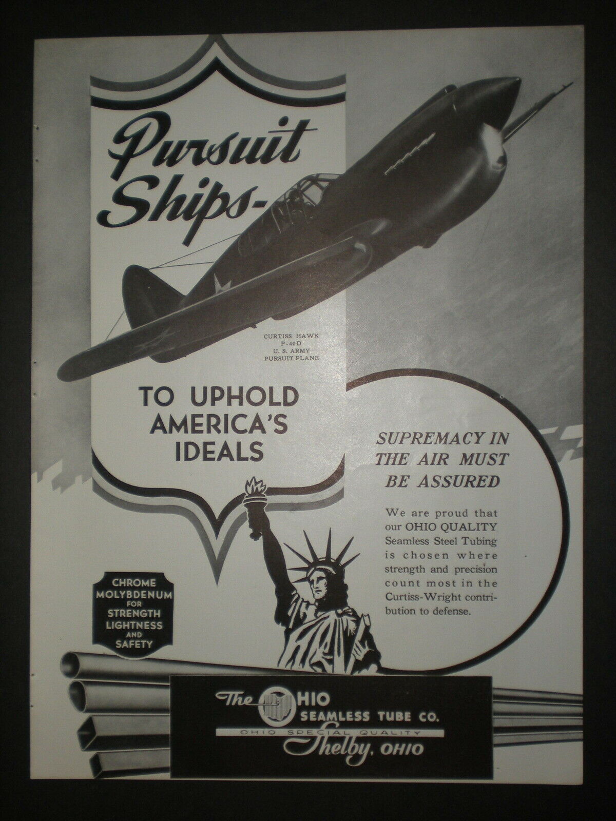 1941 CURTISS P40-D PURSUIT FIGHTER PLANE WWII vtg OHIO SEAMLESS TUBE Trade ad