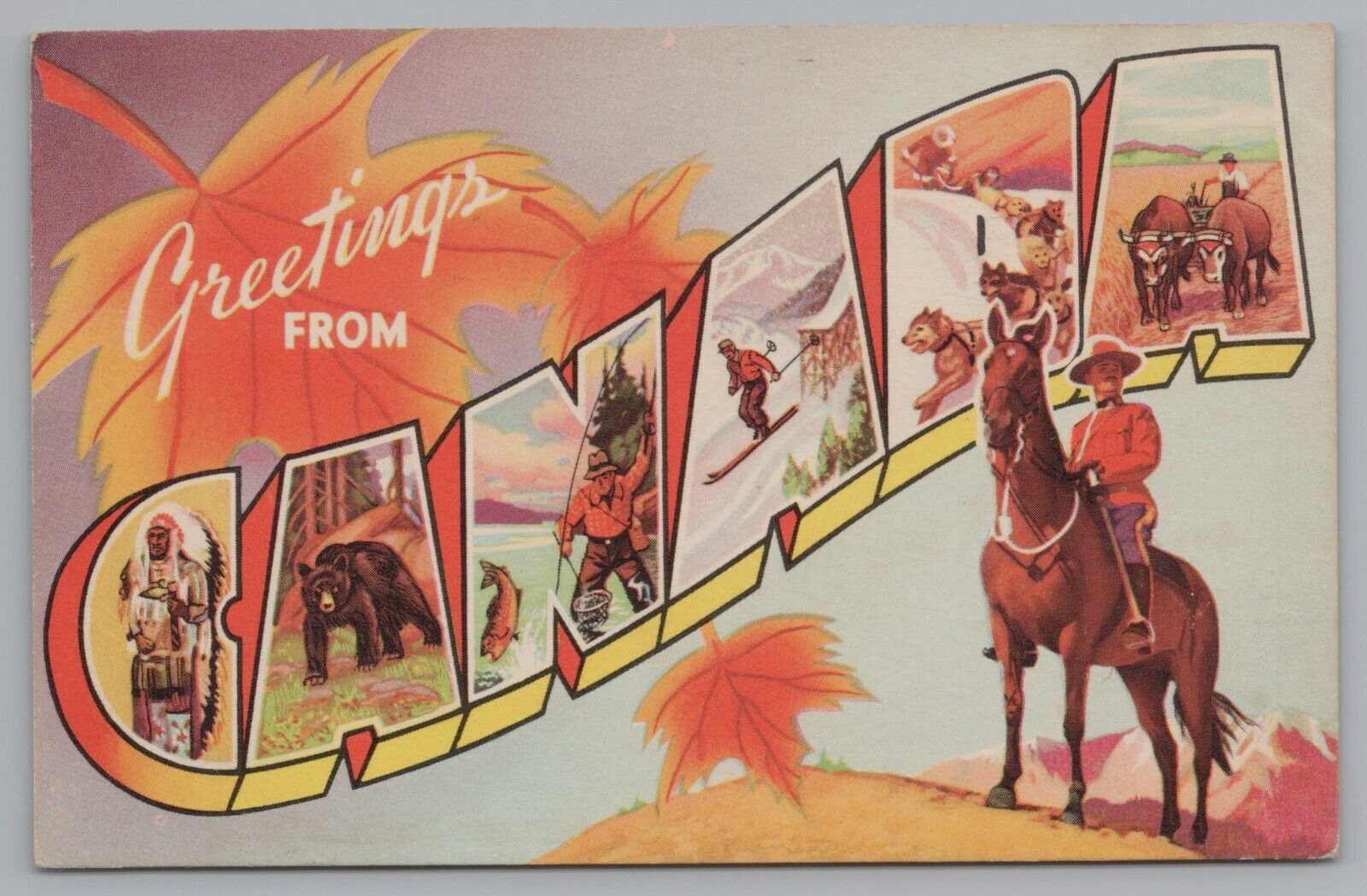 Postcard Large Letter Greetings From Canada Mountie Horse Maple Leaf Posted 1949