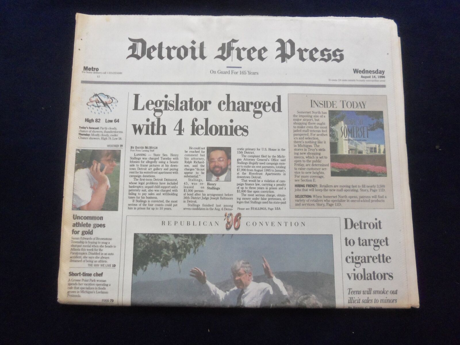 1996 AUG 14 DETROIT FREE PRESS NEWSPAPER-HENRY STALLINGS CHARGED FELONY- NP 7266