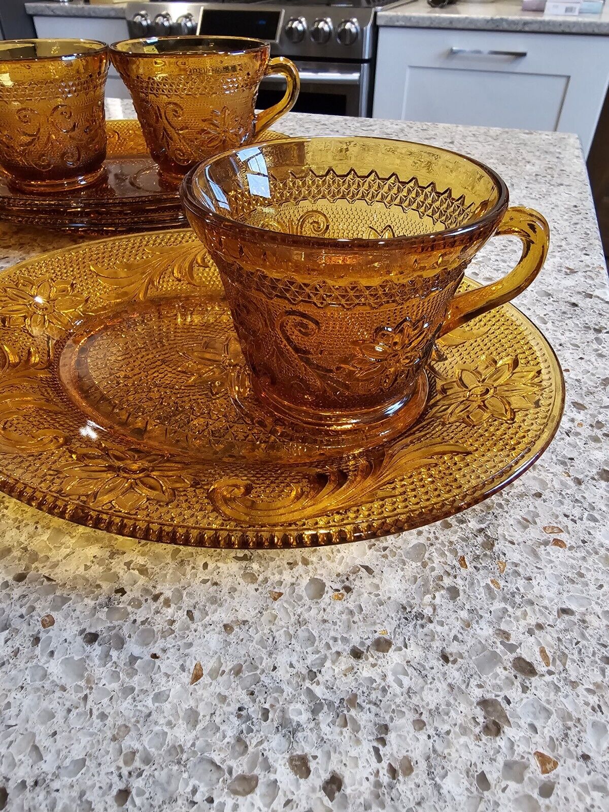 Vtg Indiana Glass, Tiara Amber Oval Sandwich Plates W/Coffee/ Tea Cups. 4 Sets.