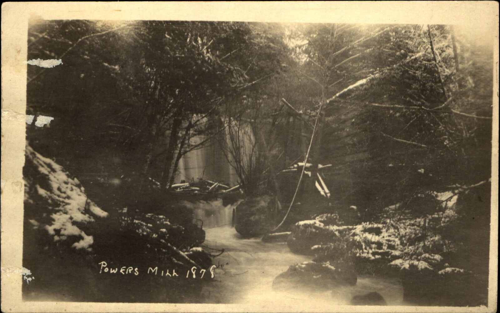 Powers Mill waterfall ~ 1878 ~ RPPC real photo ~ Missouri? Ohio? Wisconsin?