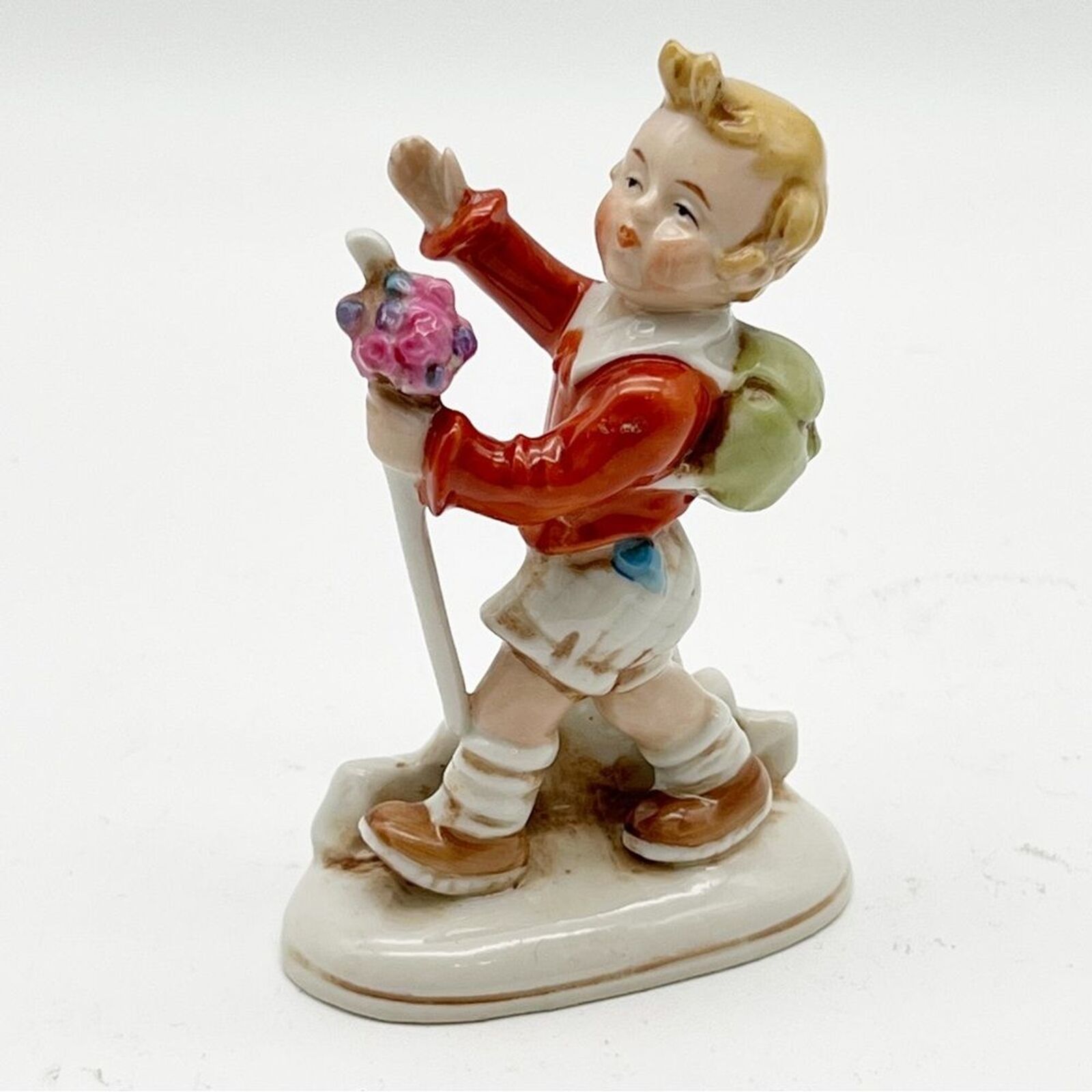 Vintage German Porcelain Boy With Backpack Flowers Figurine Marked & Numbered